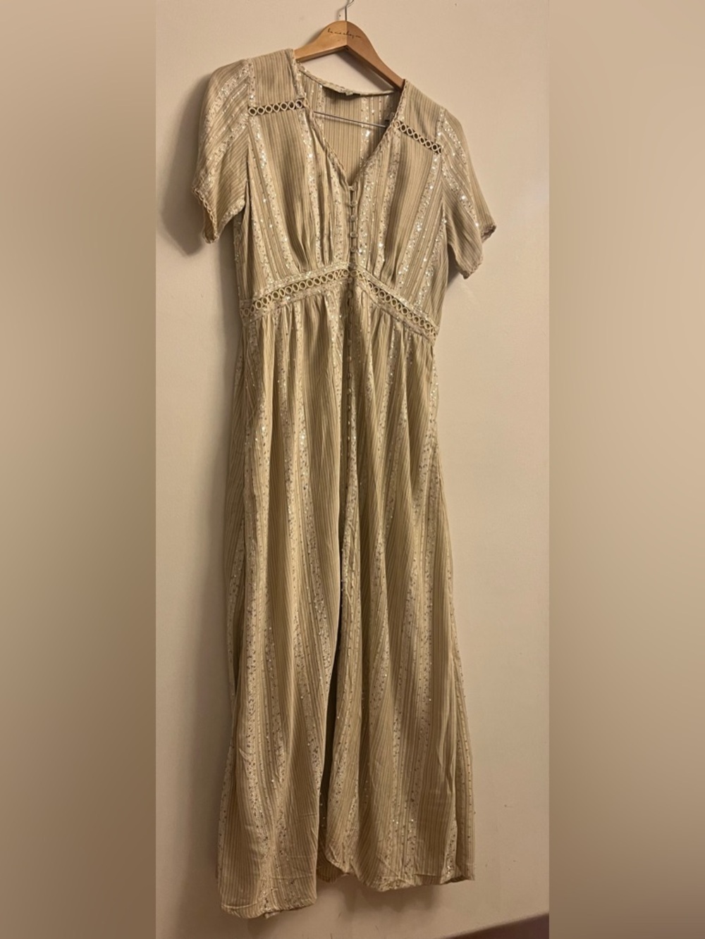 Label Ritu Kumar Cream Sequin Boho Maxi Dress Empire Waist Size MEDIUM